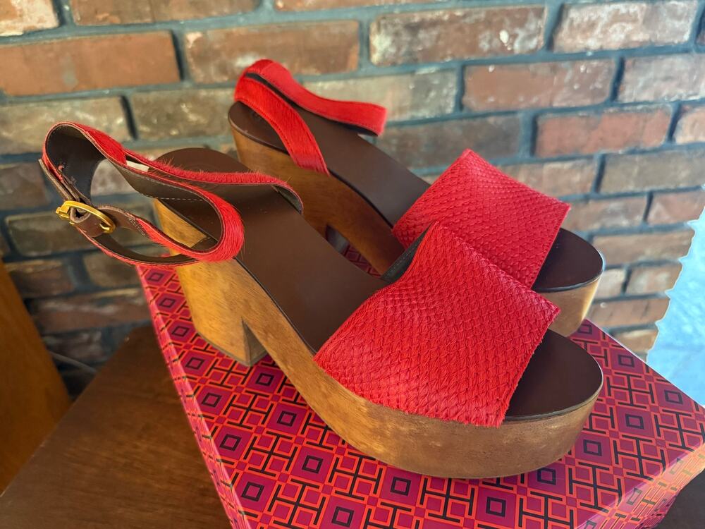 Tory Burch Camilla Exotic Red Calf Hair Wooden Platform Sandals Clogs